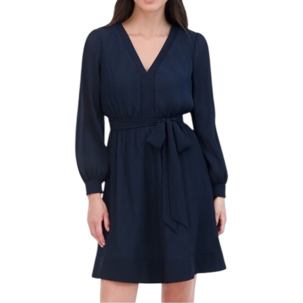 Eliza J Pleated Chiffon V-Neck Long Sleeve Tie Waist Mini‎ 10 Blue Mini Dress